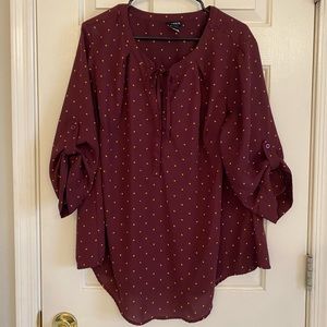 Torrid 3/4 Sleeve Maroon with gold polka dots Blouse